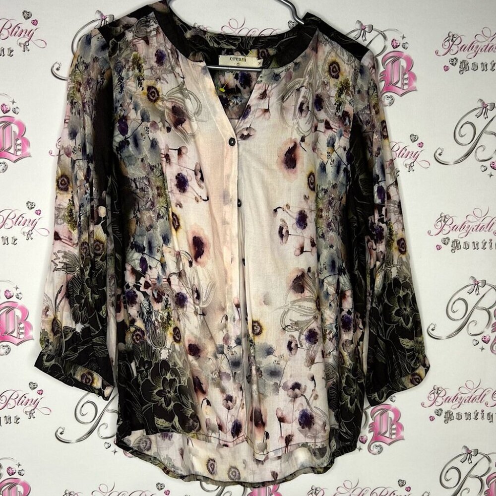 Cream blouse button down floral flowers 💐 unique color scheme pastel dark luxe